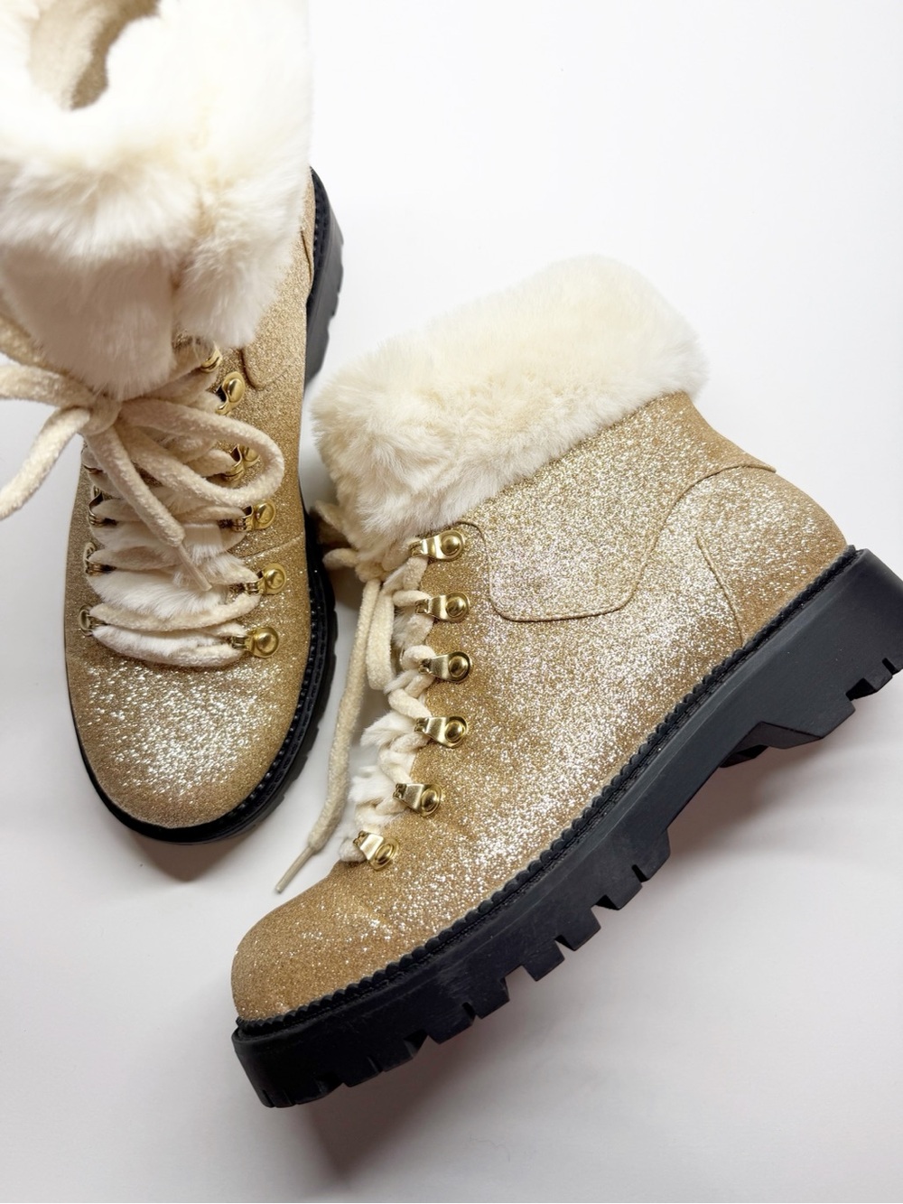 Katy Perry The Henry Champagne Gold Glitter Faux Fur Ankle Boots